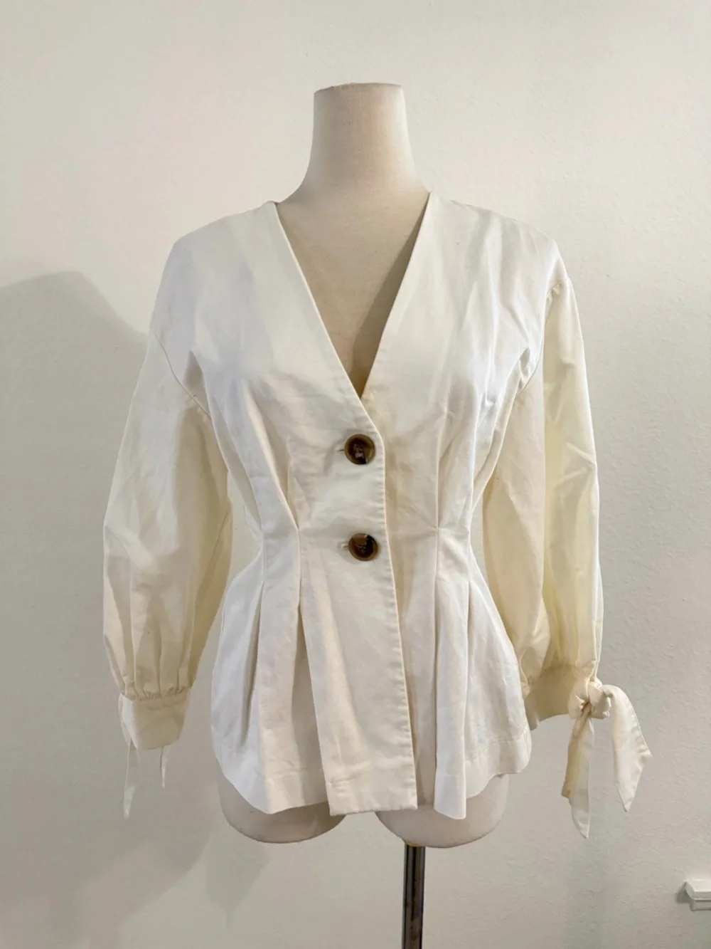 Zara Breathable Cotton Linen Blend Puff Sleeve Blouse w Bow Details Pleated XS